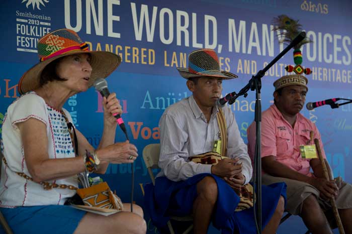 Olivia Cadaval presents a narrative session, “Wayuu from Colombia: Words and Worldview,” with Joaquín Ramó'n Prince Bruges and Luis Misael Socarrás Ipuana in the <i>One World, Many Voices</i> program. Photo by Jennifer Graham, Ralph Rinzler Folklife Archives