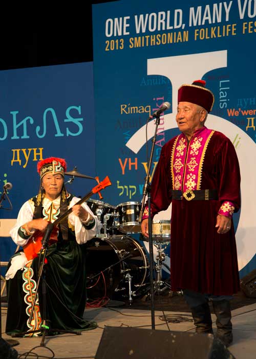 Nyamin Songajieyavich Manjieyev and Nina Kochayevna Manjieyeva of the Republic of Kalmykia perform in the One World, Many Voices program.
