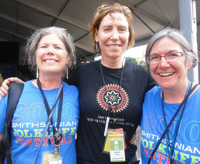 Festival stage manager Jeanette Buck (center), joined by the <em>One World, Many Voices</em> team, Marjorie Hunt and Arlene Reiniger. Photo by Sojin Kim