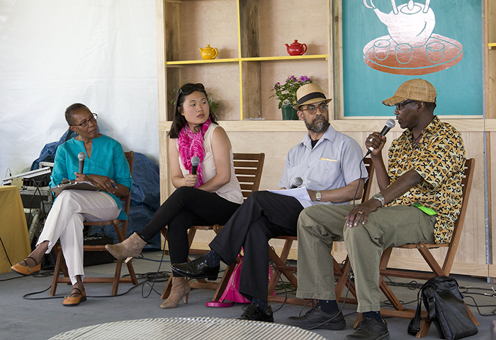 Sharon Shahid, Jenny Chen, Khalil Abdullah, and Tabu Osusa discuss the topic of ethnic media on the Teahouse Commons stage.