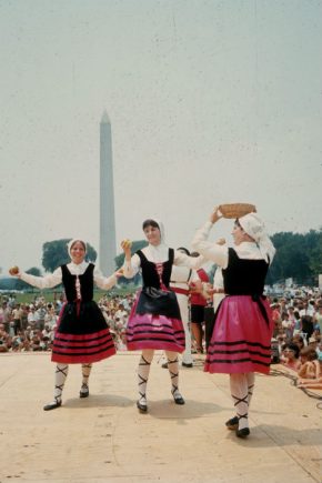Members of the Oinkari Basque Dance troupe, dance on the National Mall in front of the George Washington Monument. Photo by ??