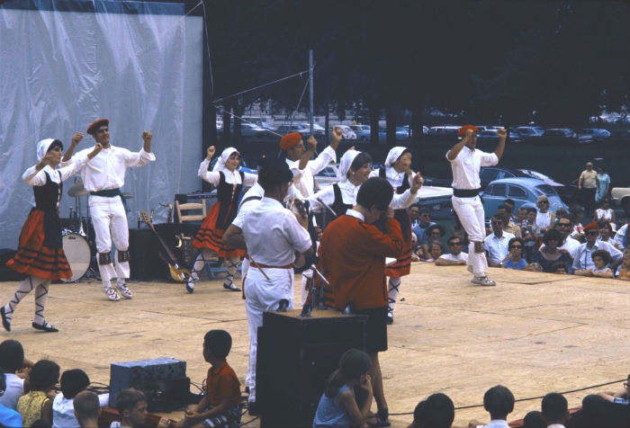 Members of the Oinkari Basque Dance troupe on a stage on the National Mall. Ralph Rinzler Folklife Archives