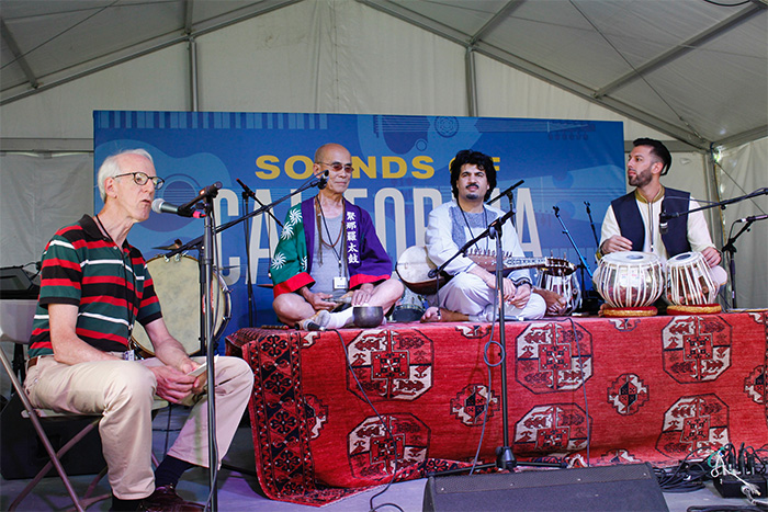 George Abe joins Afghan American musicians Homayoun Sakhi (middle) and Salar Nader (right) in a discussion on musical resilience despite war, exile, and displacement, moderated by ethnomusicologist Theodore Levin. Photo by SarahVictoria Rosemann