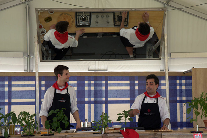 Gorka Mota and Igor Cantabrana share food histories and personal stories in the Ostatua Kitchen. Photo by Bob Friedman, Ralph Rinzler Folklife Archives