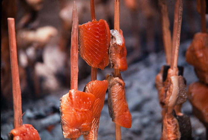 Salmon roasting at the 1974 Folklife Festival. Photo by Reed & Susan Erskine, Ralph Rinzler Folklife Archives